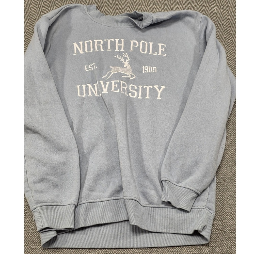 Better Together North Pole University Reindeer Sweatshirt Light Blue Mens Medium